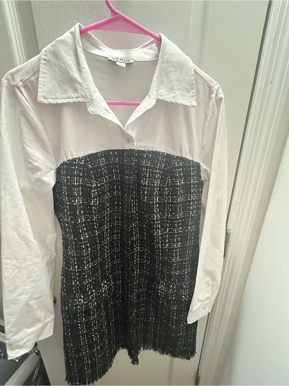 Venus Tweed Shirt Dress Black White Button Front Career Dress Size S